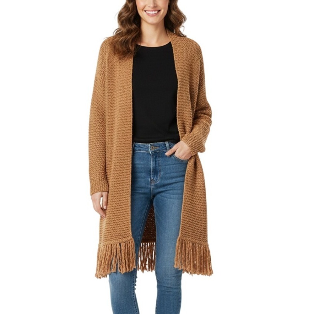 Duster Cardigan Open Front Fringe Trim Knit Sweater Chunky western vibe
